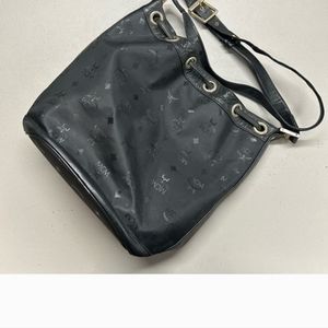 MCM Monogram Black Bucket Bag Drawstring Purse Tote Leather Strap Crossbody
